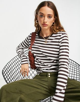 Selected Femme cotton long sleeved t-shirt in chocolate stripe - BROWN