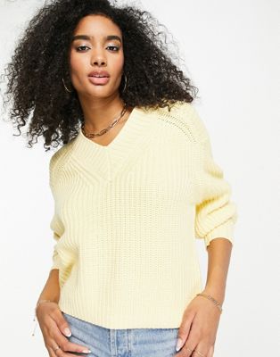 Selected Femme cotton mix v neck jumper in yellow