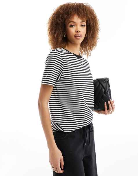 Selected Femme cotton perfect t-shirt in black stripe - view 1
