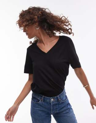 Selected Selected Femme cotton short sleeve v neck t-shirt in black