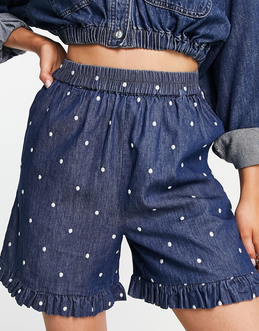 Femme cotton shorts with ruffle hem in dot print-Multi