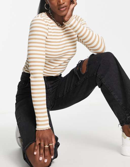 Selected Femme cotton stripe ribbed long sleeve top in sand - TAN