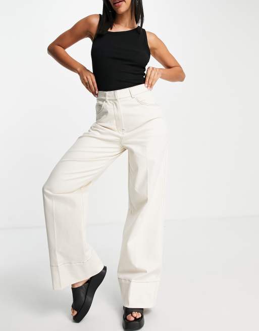 Selected Femme cotton tailored wide leg pants with contrast stitch in cream - CREAM