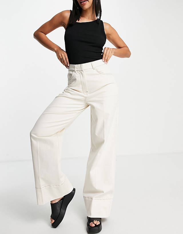 Selected - femme cotton tailored wide leg trousers with contrast stitch in cream - cream