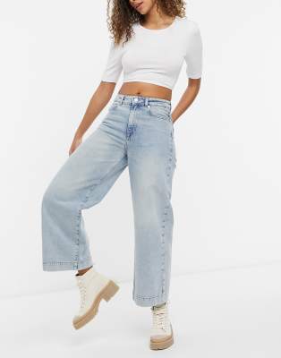 Selected Femme cotton Thea wide leg jeans in light blue wash - MBLUE