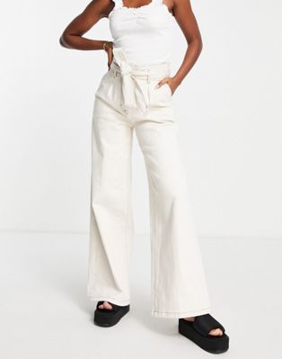 Selected Femme cotton ultra high waist wide leg jean in ecru  - CREAM