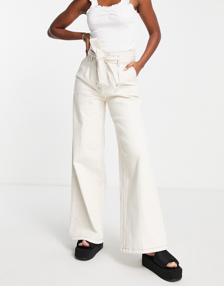 selected femme cotton ultra high waist wide leg jean in ecru - cream-white