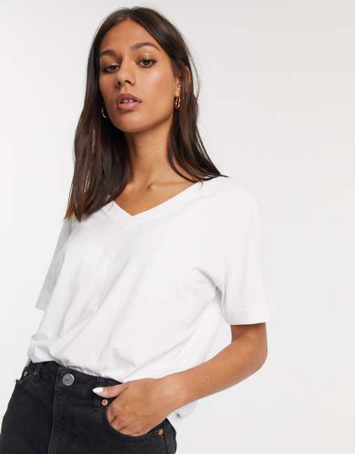 Selected Femme cotton v neck t shirt with short sleeves in white