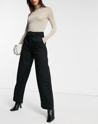 Selected Femme cotton wide leg jeans with belt in black - BLACK