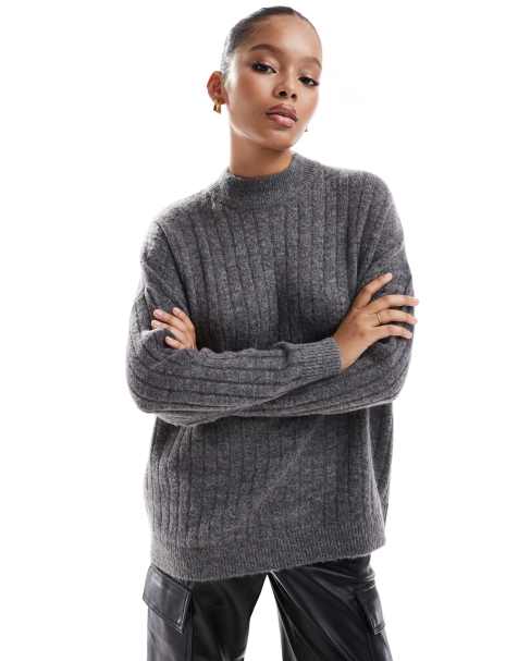 Selected Femme crew neck merino wool blend jumper in texture grey - view 1