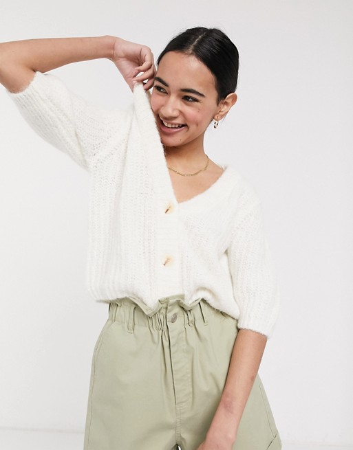 Selected femme cropped cardigan with puff sleeves in cream