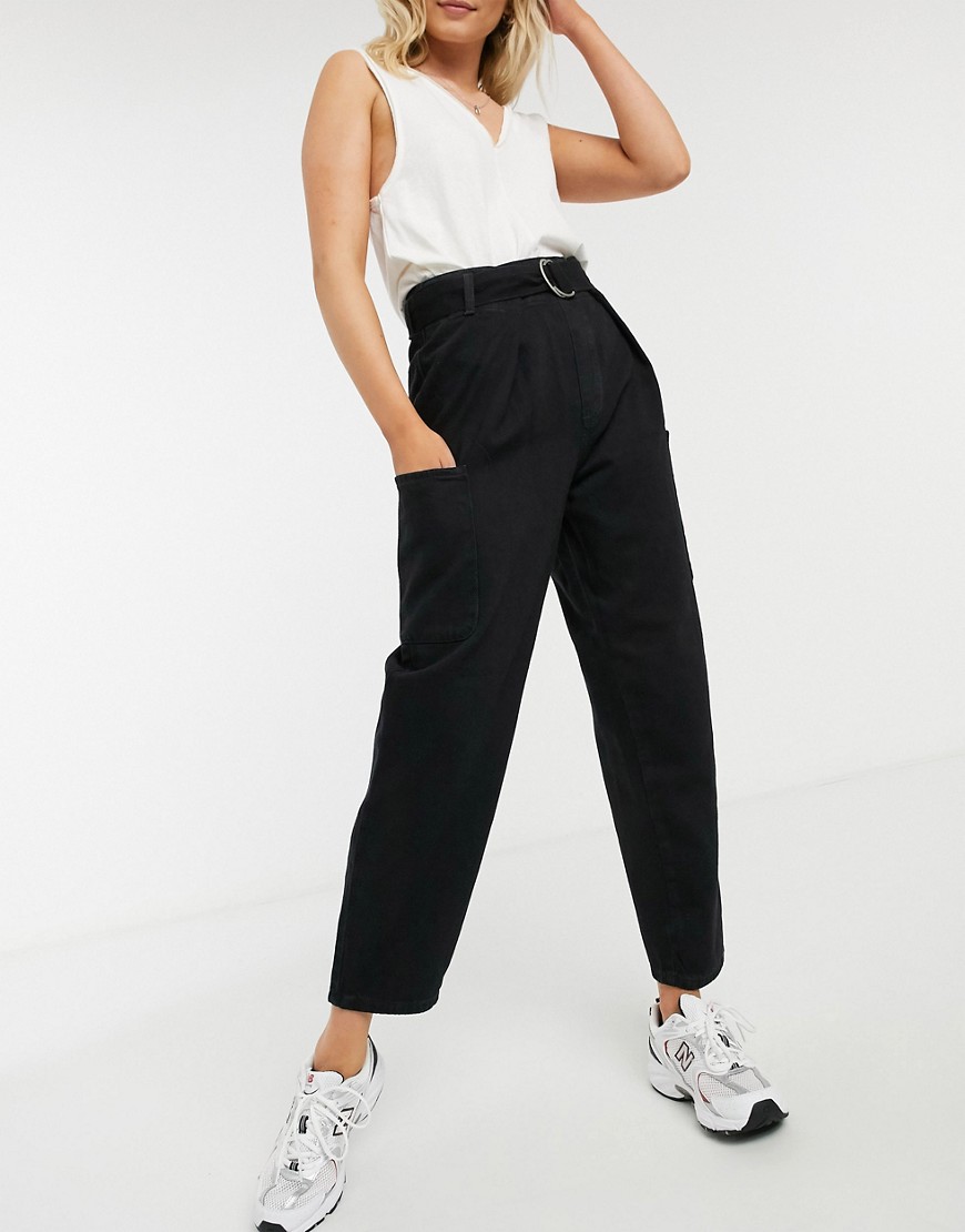 Selected Femme cropped high waist straight leg jeans in washed black