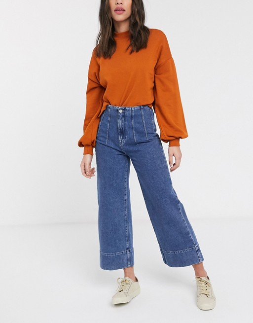 Selected Femme cropped wide leg jeans with high waist in blue
