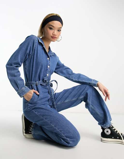 Selected Femme denim boiler suit in medium blue wash ASOS