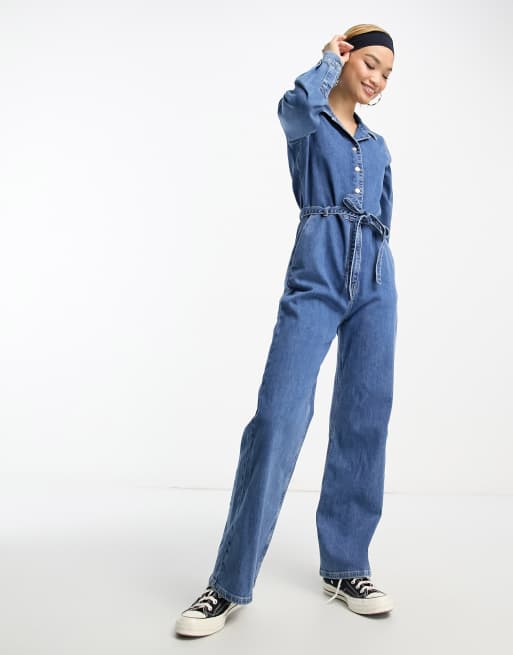 Only long sleeve jumpsuit in light blue denim