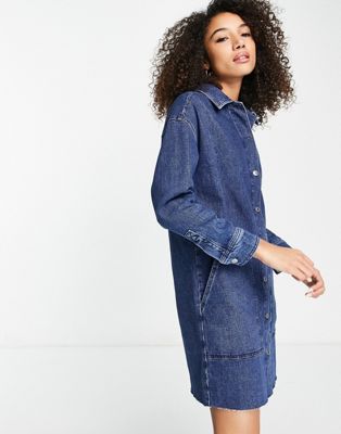 Selected Femme denim dress with button front in mid blue wash