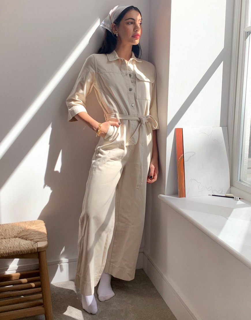 Selected Femme denim jumpsuit with belted waist in ecru-Cream