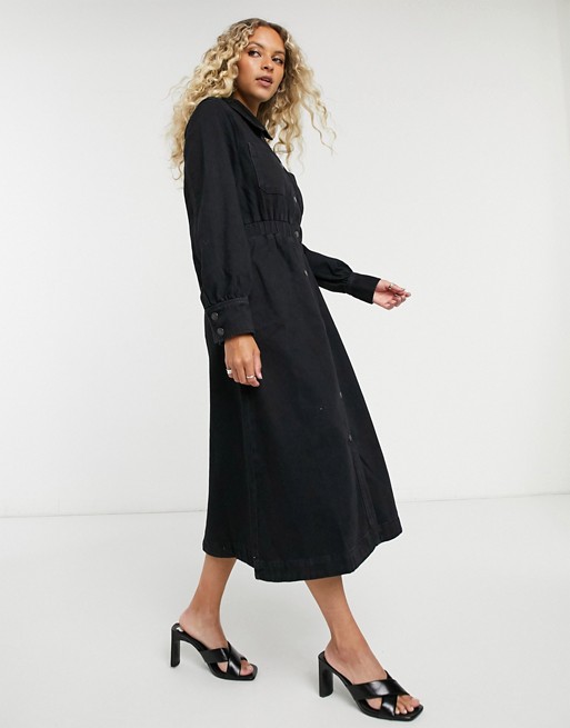 Selected Femme denim midi shirt dress with elasticated waist in black