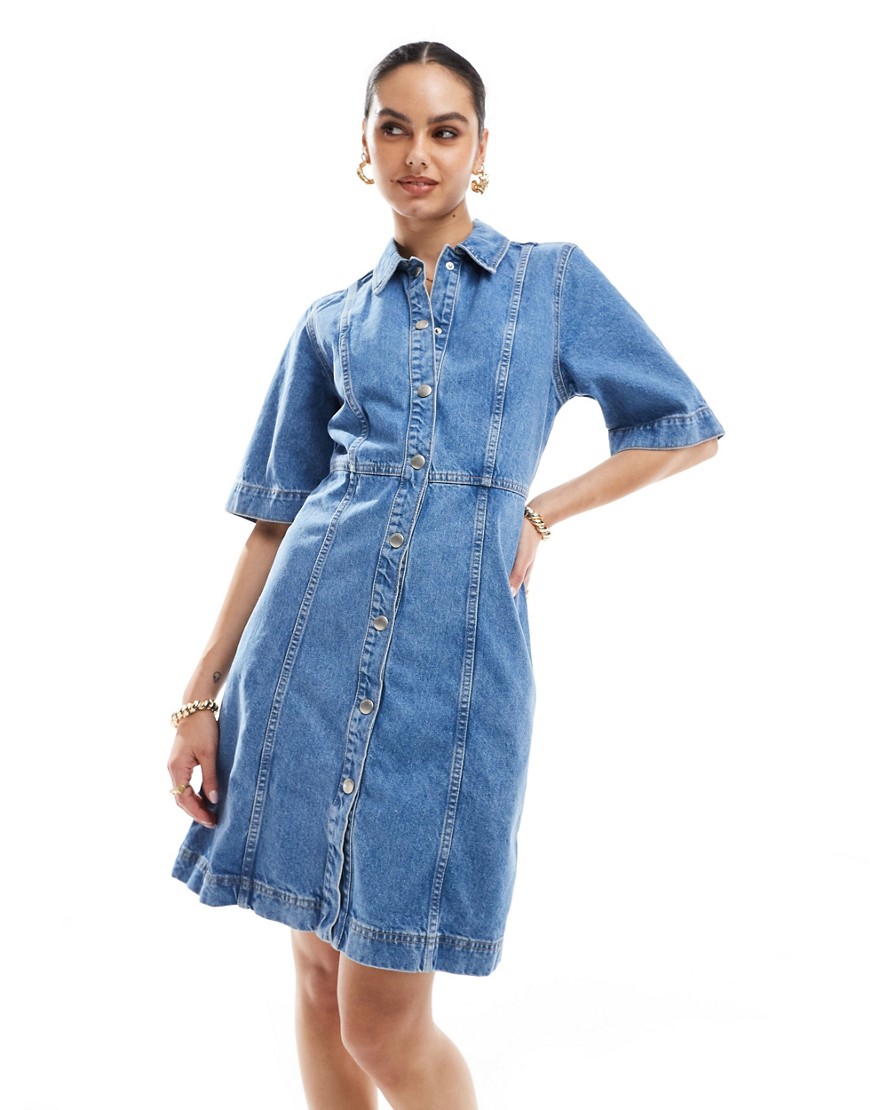 Selected Femme denim shirt dress in mid wash-Blue