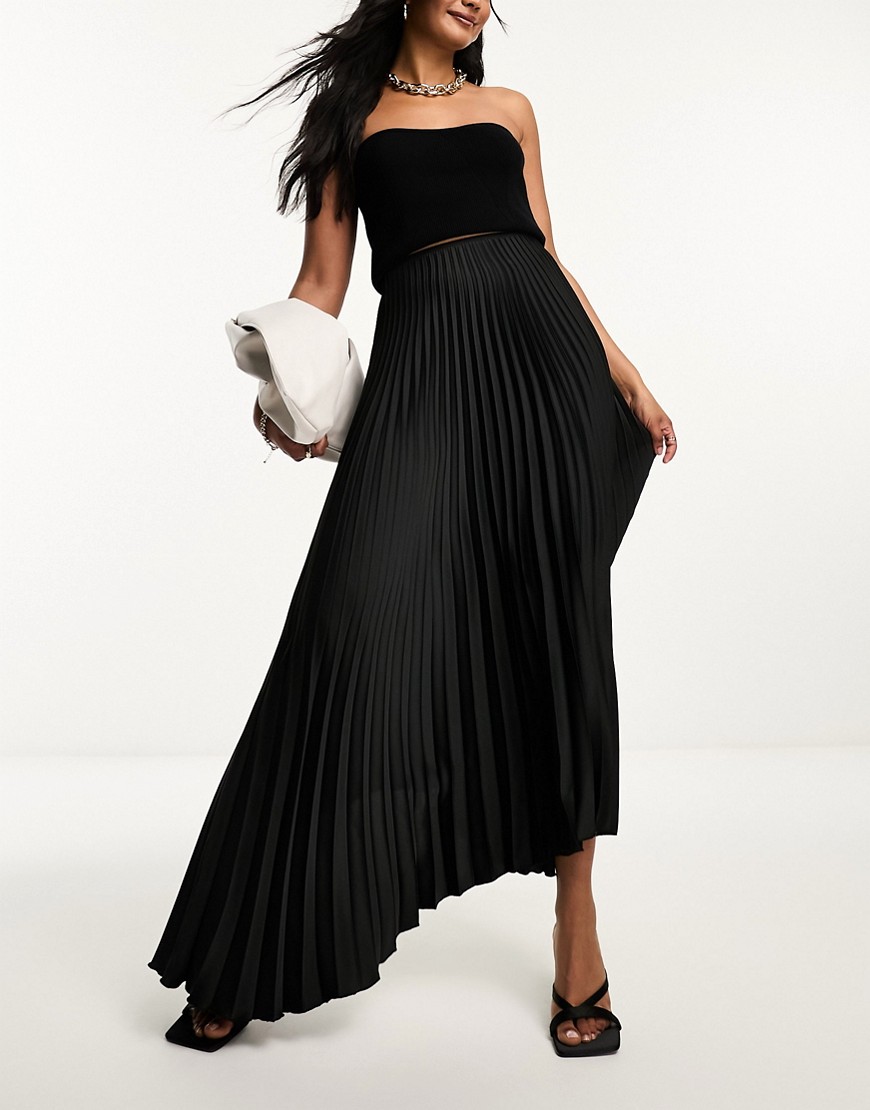 selected femme dip hem pleated maxi skirt in black satin