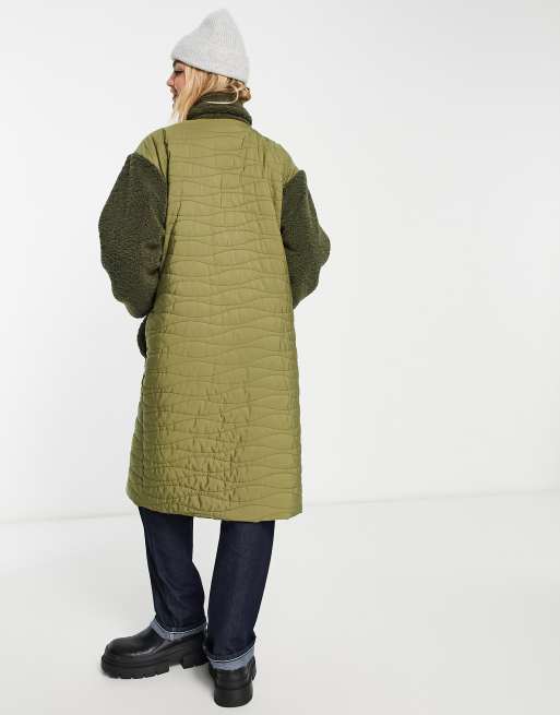 Selected Femme - Doorgestikte hoogsluitende jas met teddyborg in kaki groen, 2 van 4