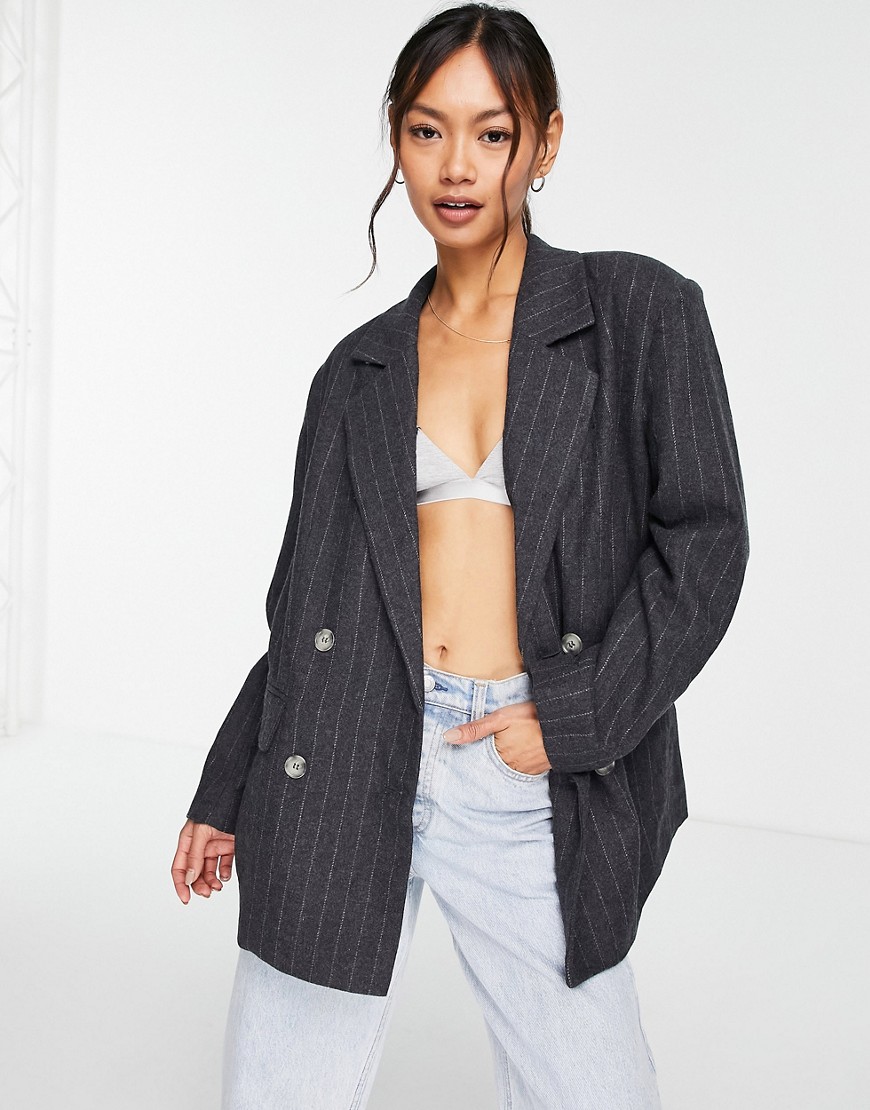Selected Femme double breasted wool mix suit blazer in gray pinstripe