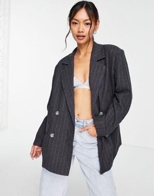 Selected Femme double breasted wool mix suit blazer in grey pinstripe