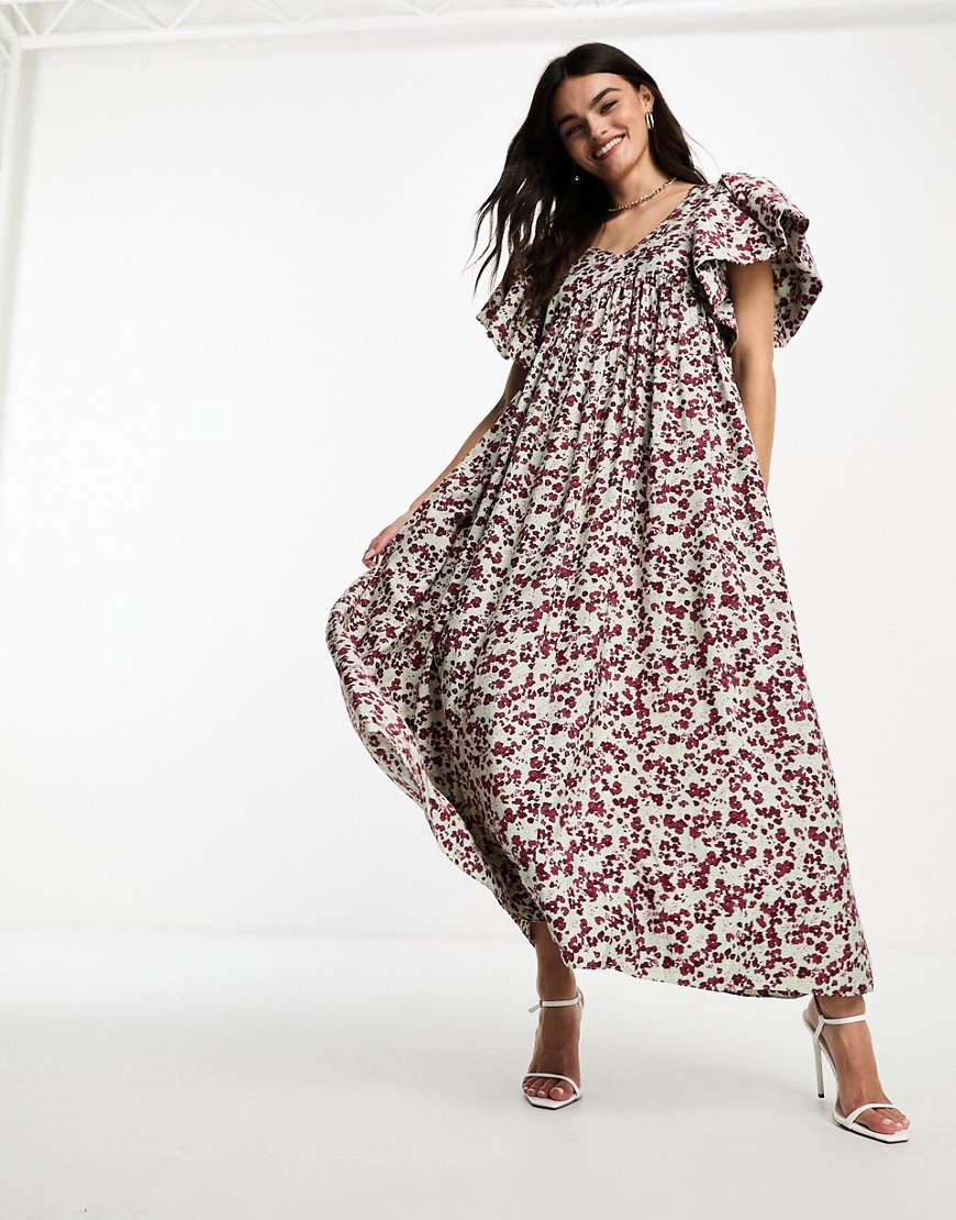 Selected Femme extreme sleeve smock maxi dress in florals-Multi