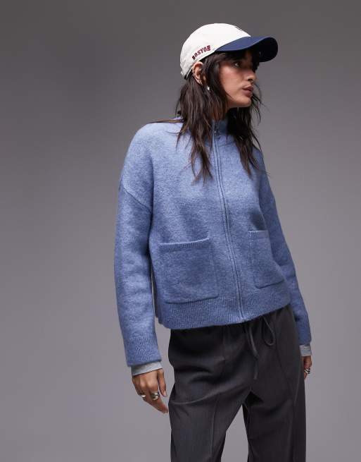 Selected Femme – Flauschige Strickjacke aus Alpaka-Wollmix in Blau mit durchgehendem Reißverschluss und Taschen