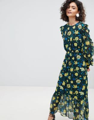 Noa Floral Print Ruffle Bardot Midaxi Dress