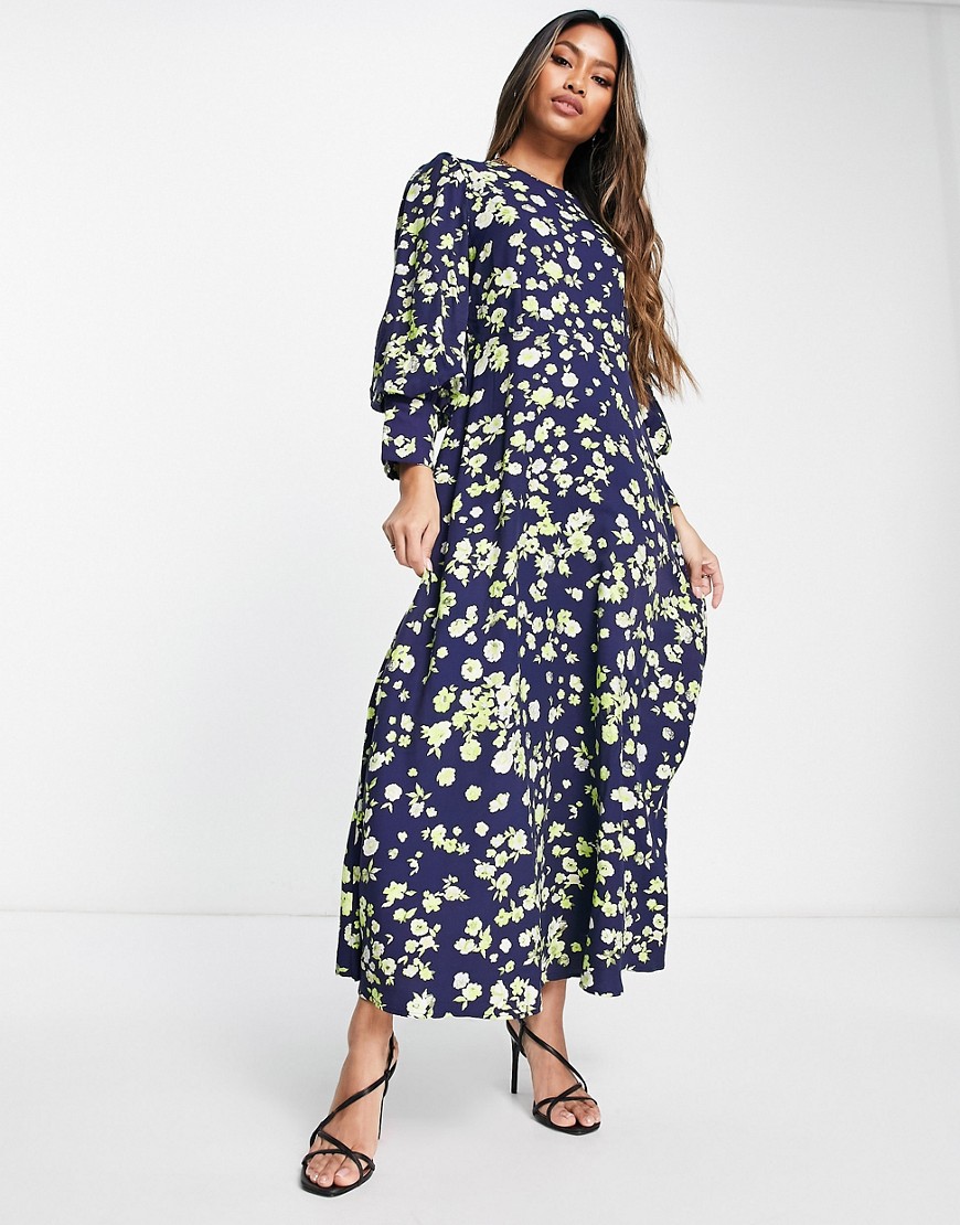 Selected Femme floral volume sleeve maxi dress in navy