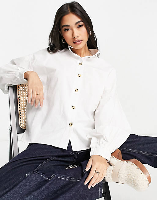 Women Shirts & Blouses/Selected Femme funnel neck shirt with volume sleeve in white 