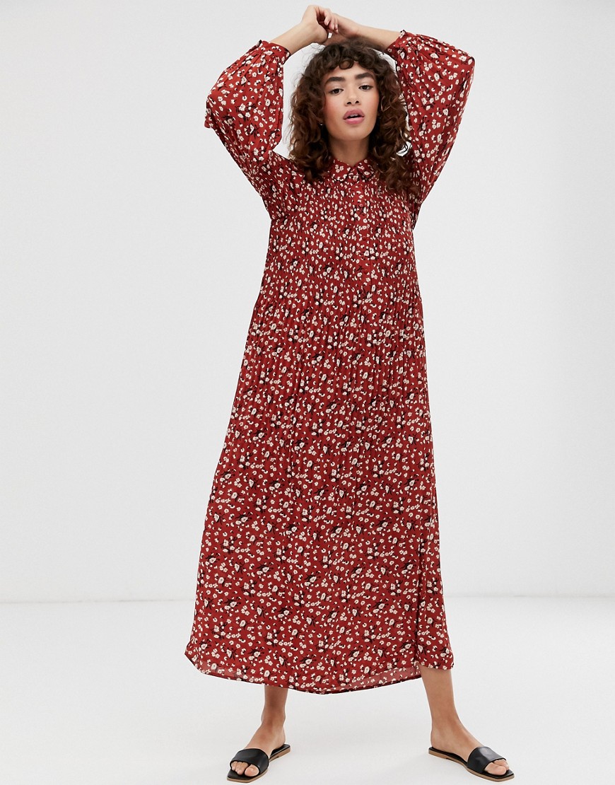 Selected Femme - Geplooide lange jurk in fijne bloemenprint-Multi