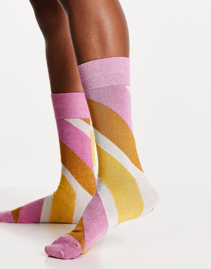 Selected Femme - Gestreepte sokken in roze kleurrijke swirlprint-Veelkleurig