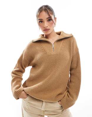 Selected Selected Femme half zip jumper in tan-Brown