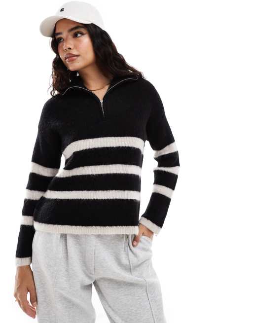 Selected Femme half zip knit merino wool blend stripe sweater in black with white stripe