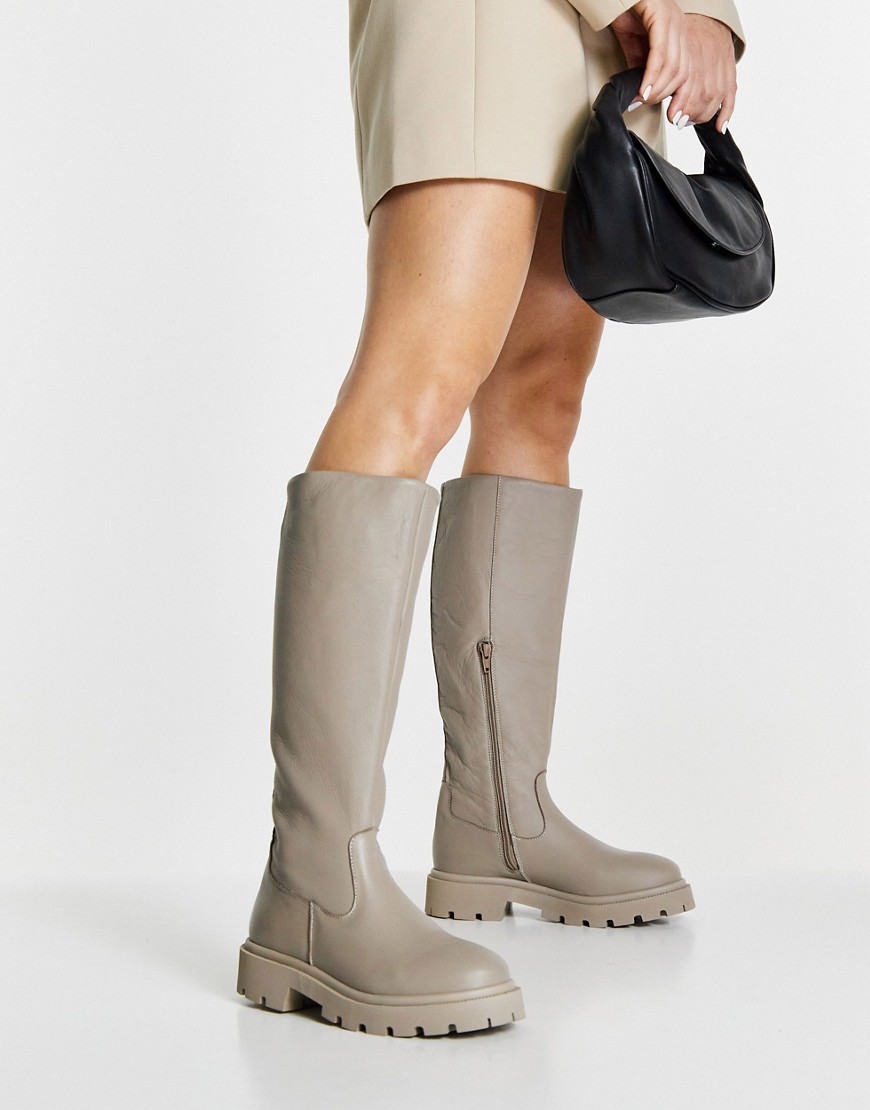 Selected Femme high leg leather boots in stone-White
