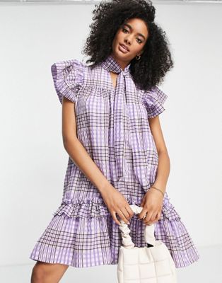 Selected Femme high low dress with frill detail in purple check