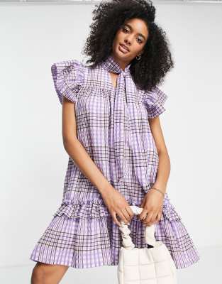 Femme high low dress with frill detail in purple check