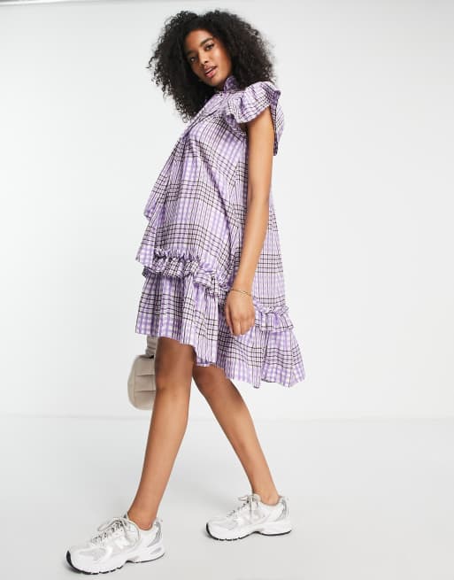 Selected Femme high low dress with frill detail in purple check ASOS