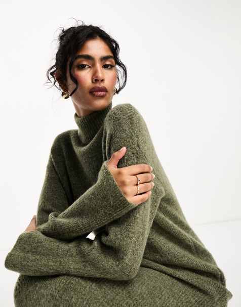 Yumi Green Roll Neck Knitted Midi Jumper Dress