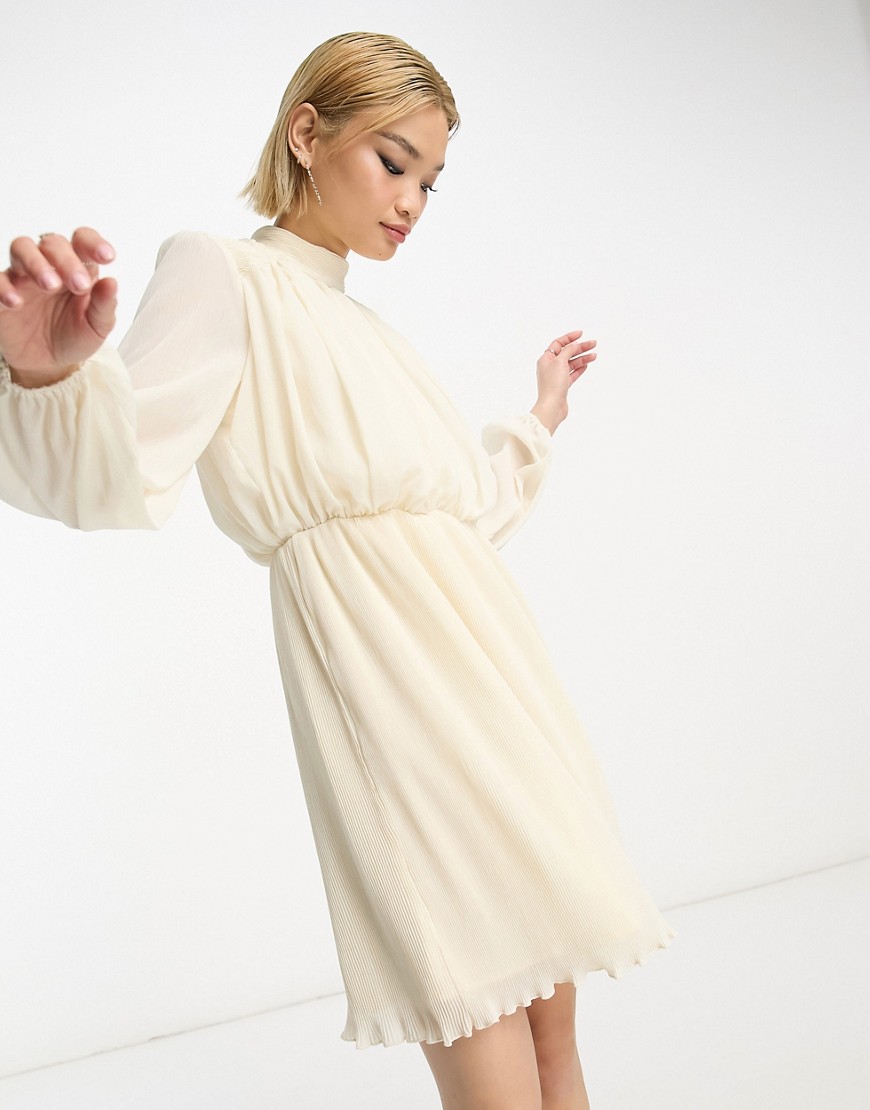 selected femme high neck plisse mini dress in cream-white