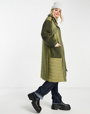 Selected Femme high neck quilted coat with teddy borg in khaki green