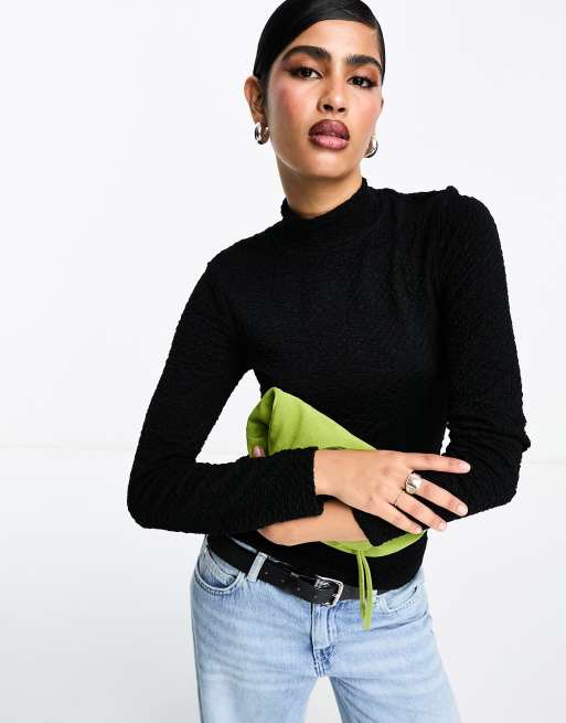 Tall Black Crew Neck Long Sleeve Frill Shoulder Top