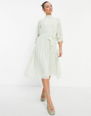 Selected Femme high neck tiered midi dress in pastel green