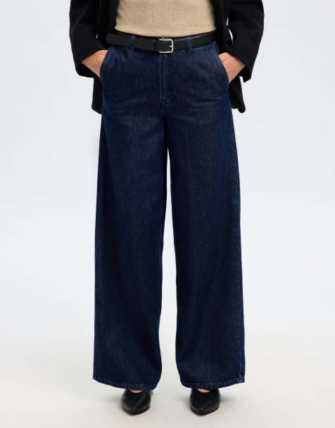 Selected High waisted jeans in dark blue denim 