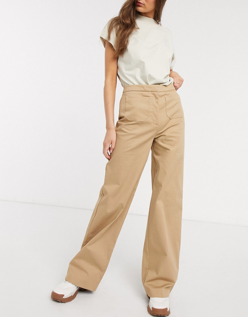 Selected Femme - Højtaljede bukser med vide ben og lommer foran-Beige
