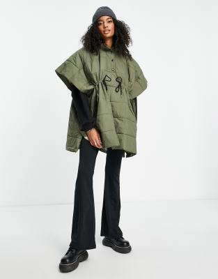 Selected Femme hooded poncho jacket with quilting and tie waist in khaki