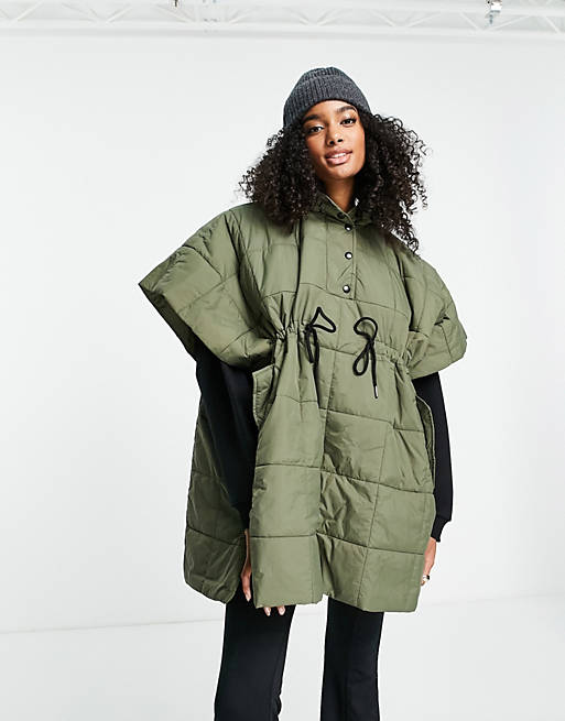 Selected Femme hooded poncho jacket with quilting and tie waist in