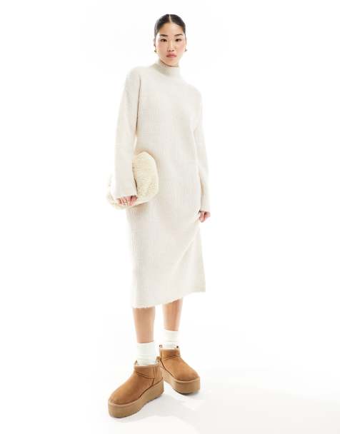 Selected Femme - Hoogsluitende gebreide maxi jurk in crème - view 1